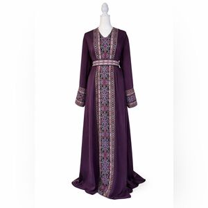💜Elegant Embroidered purple Maxi Dress with waist Belt Arabic style